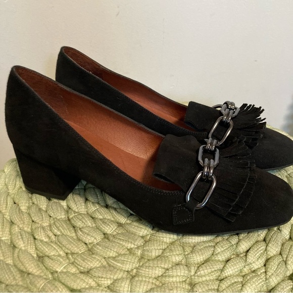 Hispanitas Pandora Black Suede Chain Fringe Slip On Block Heel Loafers Pump NWOB - Picture 4 of 11